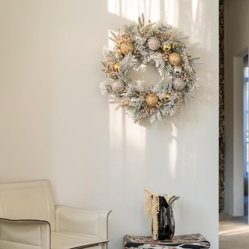 YULETIME 24" Christmas Wreath, Artificial Holiday Wreath with Baubles, Berries, Leaves, Spruce Branches, Snowy Pine Needles (Gold Bauble) - Image 5